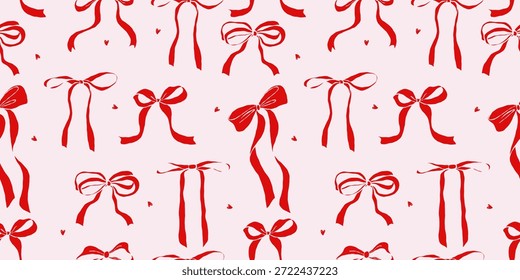 Nahtloses, handgezeichnetes Bogenmuster im Coquette-Stil auf weichrosa Hintergrund. Verschiedene rote Band Ornament Vintage feminine Stimmung. Niedlicher dekorativer Vektor zum Verpacken von Papier, Stoffdrucken, Schreibwaren
