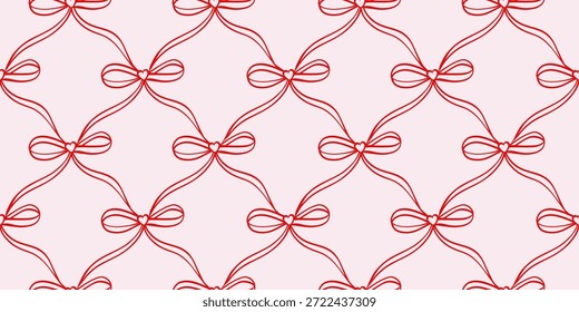 Seamless hand drawn bow pattern in coquette style on soft pink background. Ornament with ribbon heart vintage feminine mood. Cute decorative vector for wrapping paper, textile prints, stationery