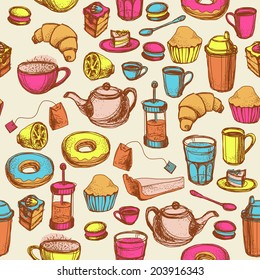 Seamless hand drawn bright pattern with coffee and tea cups and sweets