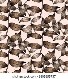 Seamless hand drawn brown leaves pattern vector