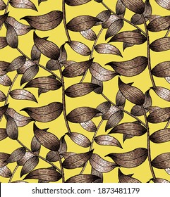 Seamless hand drawn brown leaves pattern,line art vector, illuminating yellow background