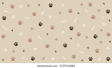 Padrão de impressão de pata marrom e branco desenhado à mão sem costura com formas geométricas de doodle no fundo bege. Ilustração vetorial animal de estimação