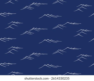 Seamless hand drawn brush line abstract wave or mountains pattern, Japanese and ethnic wood carving, block print background in white and blue, simple graphic for textile, carpet, decoration