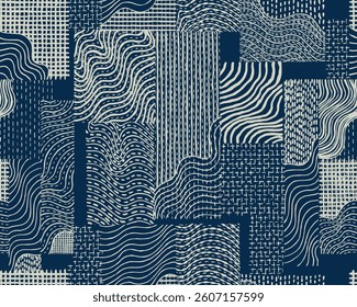 Seamless hand drawn brush lines abstract patchwork collage waves and water with stitching texture pattern, Japanese Sashiko traditional embroidery handcraft inspired surface design background