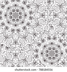 Seamless hand drawn butterfly doodle round pattern. Monochrome curly design element for your artwork and coloring