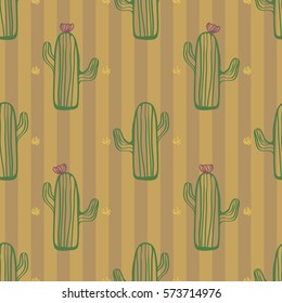seamless hand drawn cactus with gold dot glitter pattern on stripe background