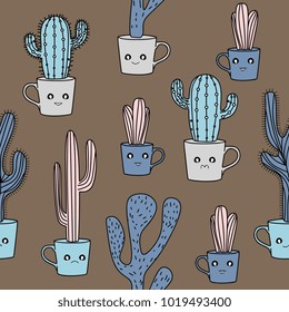 Seamless hand drawn cactus with kawaii emotions.