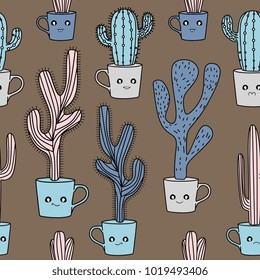 Seamless hand drawn cactus with kawaii emotions.