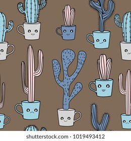 Seamless hand drawn cactus with kawaii emotions.