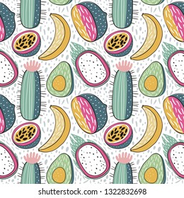 Seamless Hand drawn cactus print. Summer print with cactus and fruit - lemon, passion fruit, banana, dragon fruit