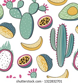 Seamless Hand drawn cactus print. Summer print with cactus and fruit - lemon, passion fruit, banana, dragon fruit