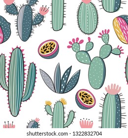 Seamless Hand drawn cactus print. Summer print with cactus and fruit - lemon, passion fruit