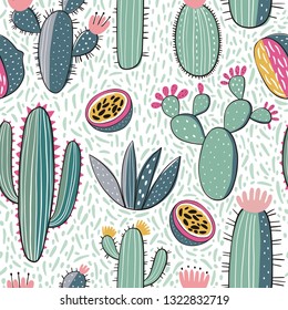 Seamless Hand drawn cactus print. Summer print with cactus and fruit - lemon, passion fruit, banana, dragon fruit