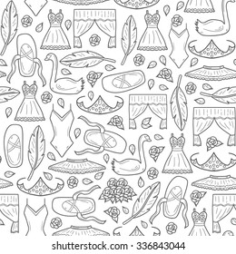 Seamless hand drawn cartoon background on ballet theme: swan, shoes, dress, tutu, diadem