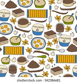 Seamless hand drawn cartoon background on tiramisu ingredients theme. Italian ciusine concept