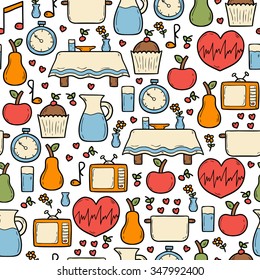 Seamless hand drawn cartoon background on mindful eating rules theme