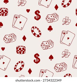 Padrão de cassino desenhado à mão sem costura com símbolos de jogo. Ilustração vetorial estilo doodle vintage.