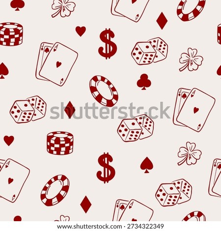 Seamless hand drawn casino pattern with gambling symbols. Vintage doodle style vector illustration.