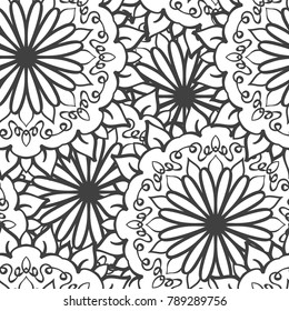Seamless hand drawn chamomile doodle round pattern. Monochrome curly design element for your artwork and coloring