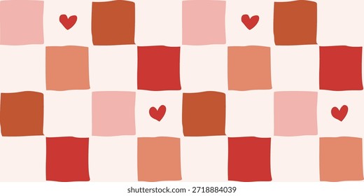 Ein nahtloses, handgezeichnetes Schachbrettmuster mit warmen Tönen und Herzdetails. Ideal für Stoff, Wandkunst, Umschlagpapier und gemütliche dekorative Hintergründe.