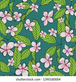 Seamless hand drawn cherry blossom vector pattern. Pink flowers and green leaves with outline on green background. Wallpaper, textile, print design