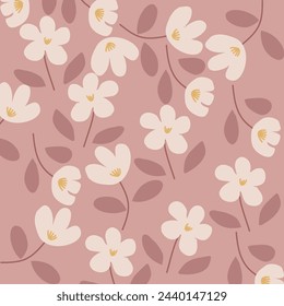 Nahtloses Hand gezeichnetes Kirschblütenmuster mit weichem boho rosa Hintergrund geeignet für Stoff, Tasche, Einwickelpapier, Oberflächendesign, Kinderbekleidung, Kindergartenproduktdesign