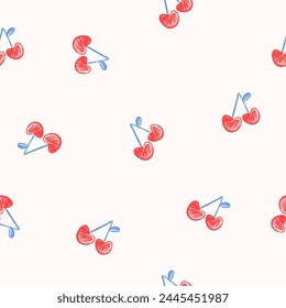 Seamless hand drawn Cherry pattern in cartoon style. Cute trendy design. Vector funky illustration. Abstract seamless cherry design. Heart Cherries. Cool summer pattern.