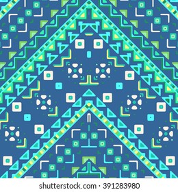 Seamless hand drawn chevron pattern with aztec ethnic and tribal ornament. Vector bright colors boho fashion illustration.
