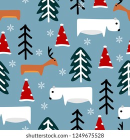 Seamless hand drawn childish drawing with reindeer and bear winter style vector illustration