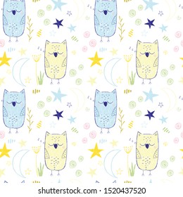 Seamless hand drawn childish pattern with blue and yellow owl. Perfect for kids wallpaper, fabric, textile, wrapping and apparel. Vector illustration.