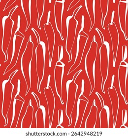 Seamless hand drawn chili pepper pattern in minimal red line art perfect for packaging surface design or kitchen decor