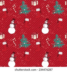 seamless hand drawn christmas pattern with smowmans on red stripes background in vector
