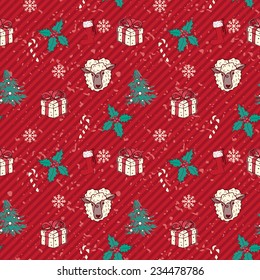 seamless hand drawn christmas pattern  with sheeps on red stripes background in vector