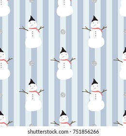 seamless hand drawn christmas pattern with snowman and silver flake glitter on blue stripe background