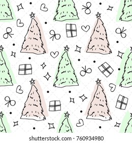 seamless hand drawn christmas pattern on white background with pine tree and confetti gift,ribbon,star