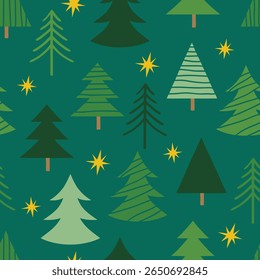 Seamless Hand Drawn Christmas Tree Pattern Design Green Background