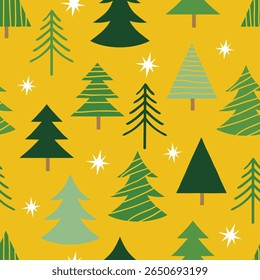 Mão sem costura desenhada Natal Árvore Padrão Design Fundo amarelo