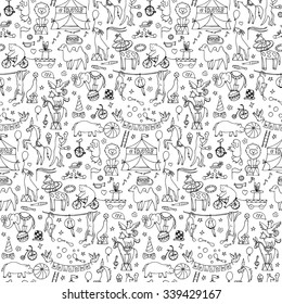 Seamless Hand Drawn Circus Animals Pattern. Vector Illustration With Hand Drawn Doodle Circus Animals And Objects For Background, Wrapping, Wallpaper