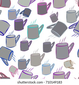 Seamless hand drawn coffee cup illustrations background, good for graphic design, wallpapers or booklets. Cartoon style vector graphic.