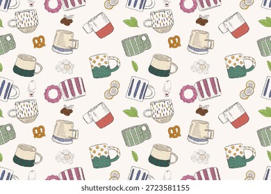 Seamless hand drawn coffee cups pattern for cozy coffee time with mugs snacks and warm drinks