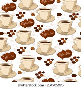 Seamless hand drawn coffee pattern on white background. Vector illustration.