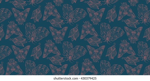 Seamless hand drawn color pattern of inky moth and butterfly.Geometric and ornate butterflies texture.Abstract lined pattern for design, label, decor,textile