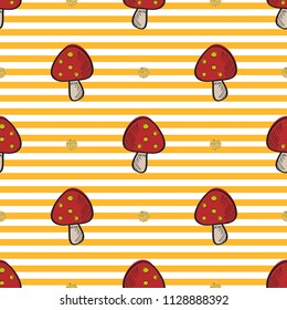 seamless hand drawn colorful dot mushroom with gold dot glitter pattern on stripe background
