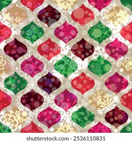 Seamless hand drawn colorful pattern with rhombuses and doodle snowflakes in traditional christmas colors, bokeh. Vector image