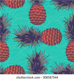 Seamless hand drawn colorful Pineapple Background Pattern, vector illustration