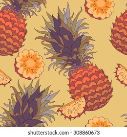 Seamless hand drawn colorful Pineapple Background Pattern, vector yummy illustration