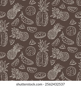 Seamless hand drawn contour pineapple pattern with tropical fruit illustrations on dark background. Tropical fruits concept. Vector doodle illustration for vegan concepts