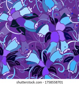 Flor floral azul y púrpura sin foco, sobre fondo morado oscuro - Vector. Perfecto para uso en moda, textiles, artesanía, telón de fondo, decoración, tapicería, etc.