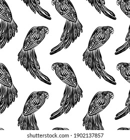 Seamless hand drawn corella parrot outline sketch pattern. Endless vector black ink tropic bird drawing isolated on white background. Stylzed graphic jungle wild animal illustration.
