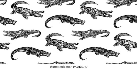 Seamless hand drawn crocodile outline sketch pattern. Endless vector black ink wild animal drawing isolated on white background. Stylzed graphic allegator  illustration.